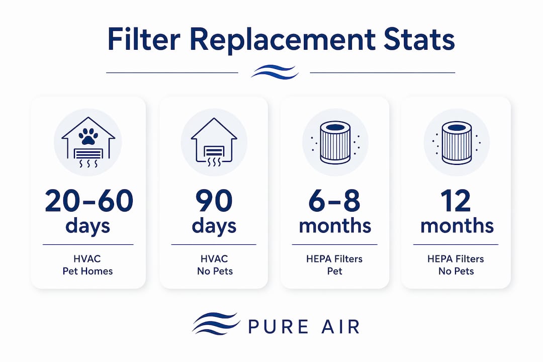 Infographic showing filter replacement intervals for pet homes
