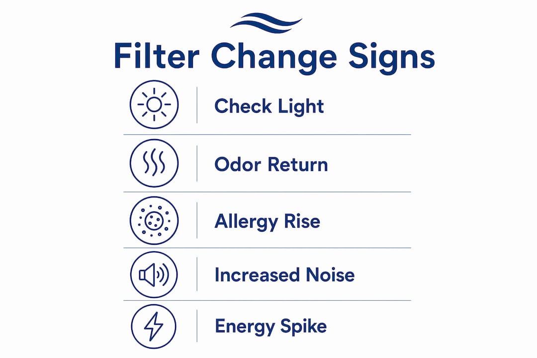 Infographic illustrating signs to change air purifier filter