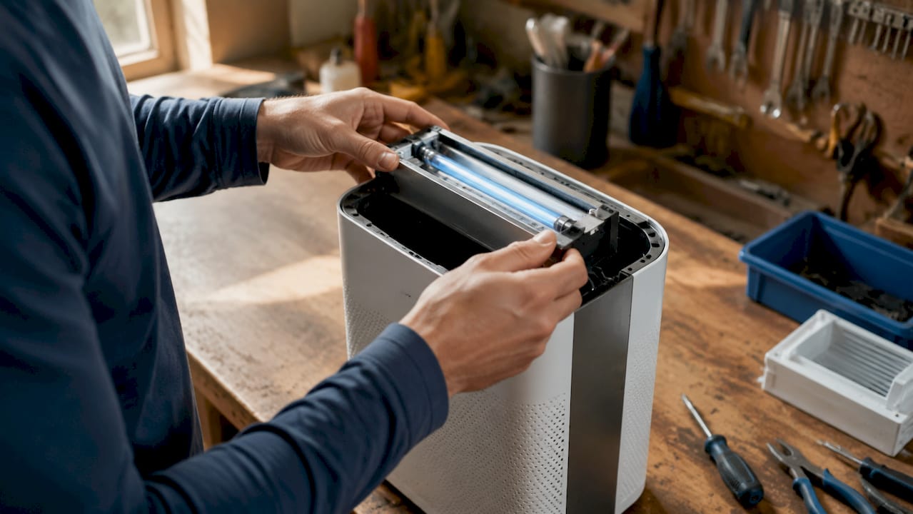 Hands installing UV-C light module into air purifier