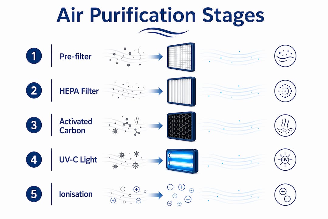 Infographic illustrating air purifier filtration stages