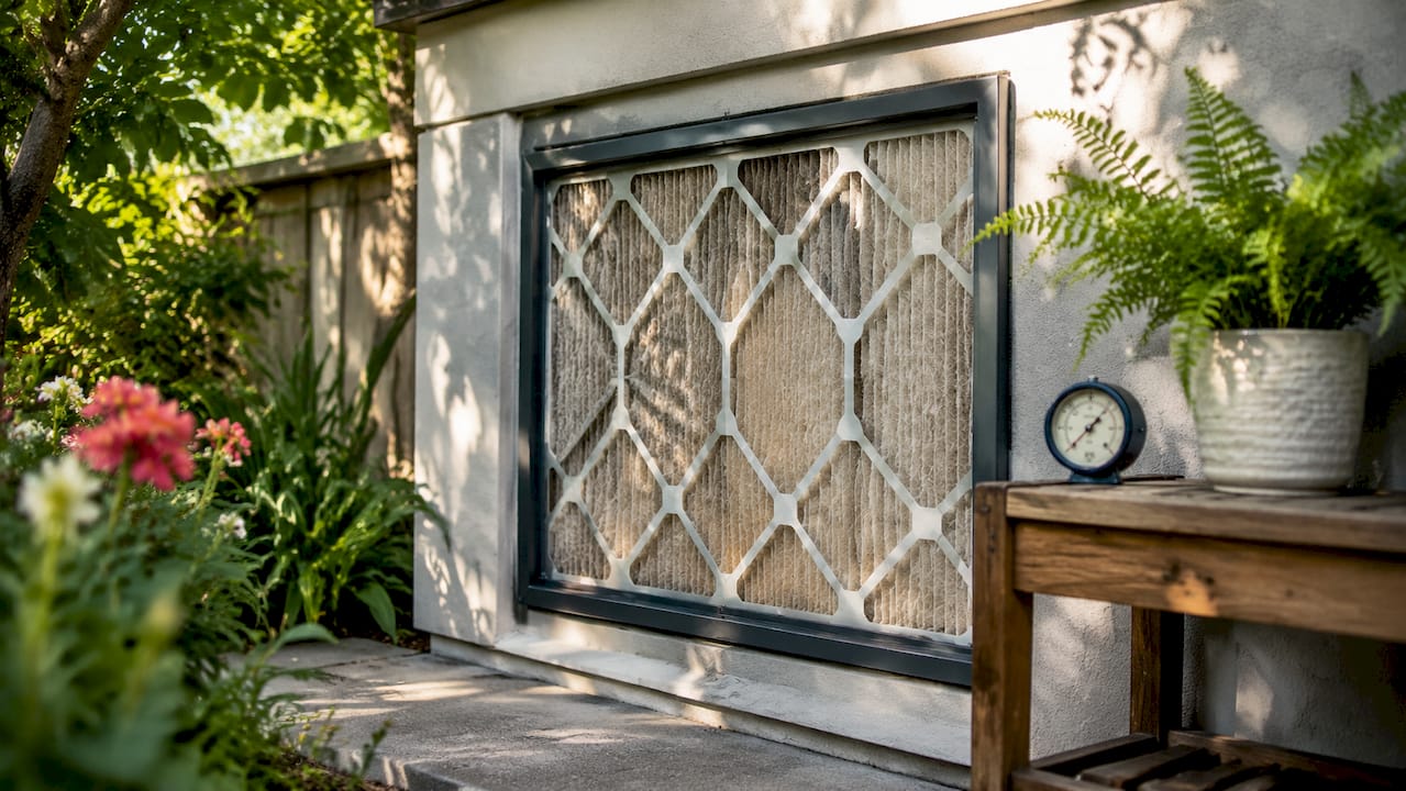 Close-up of HVAC air cleaner filter in home air duct