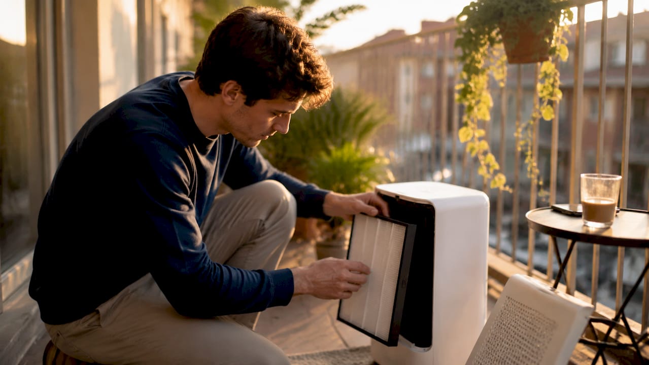 Close-up of hands replacing air purifier filter at table