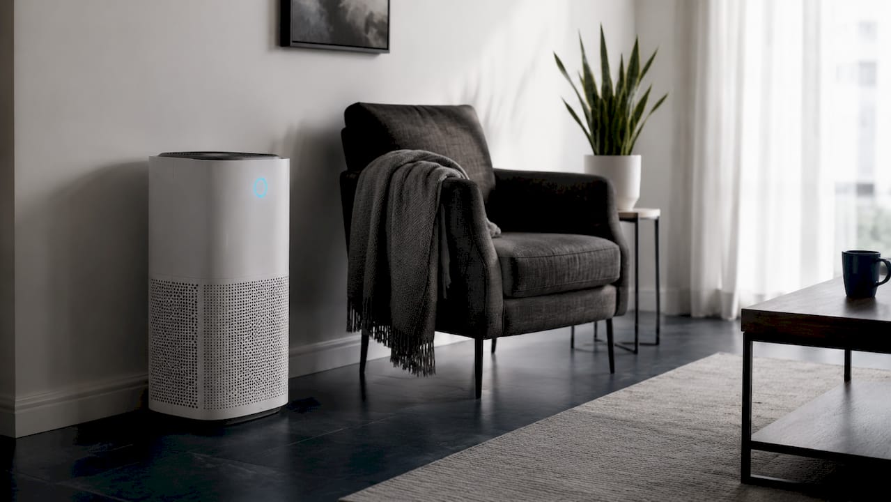 Operational HEPA air purifier in a cozy living room