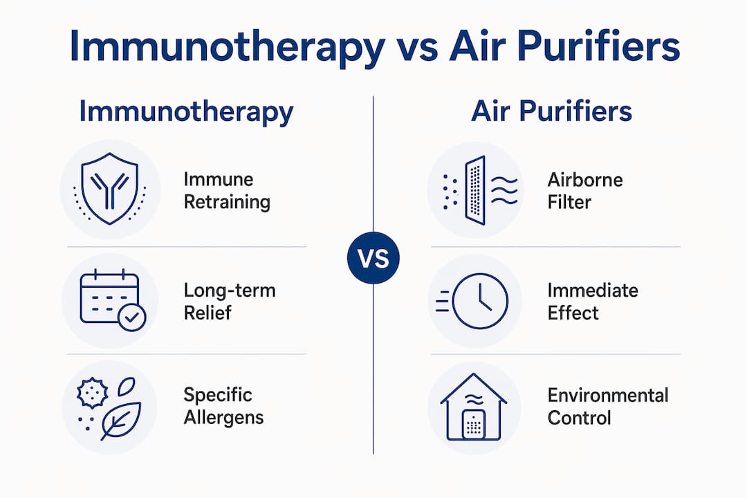 Infographic comparing immunotherapy and air purifiers for allergies