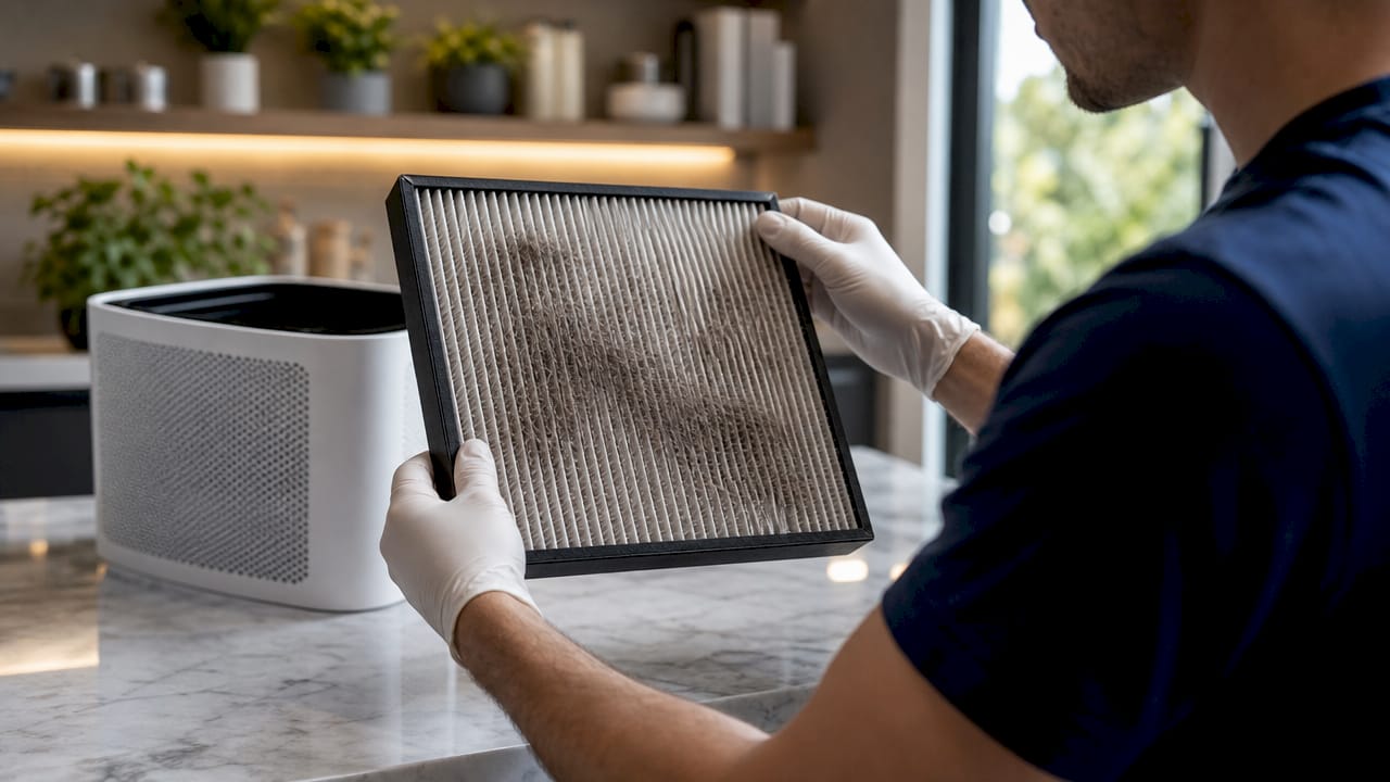 Hands inspecting dusty pre-filter in lab
