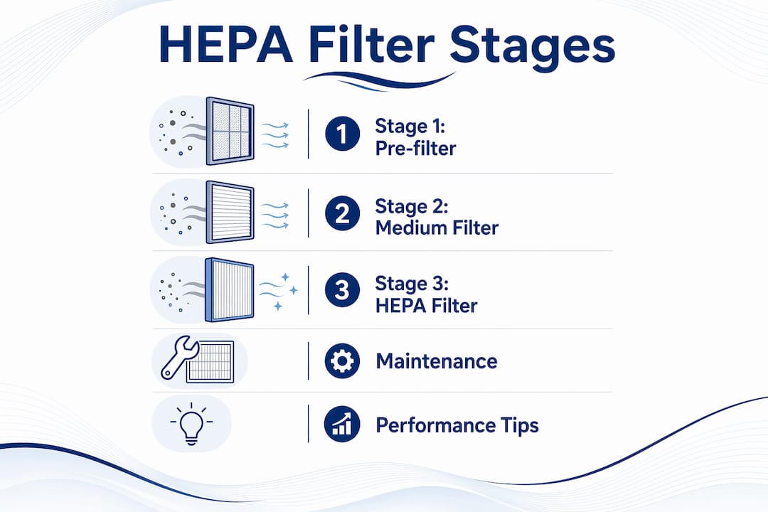 Infographic displaying HEPA filter stages and maintenance