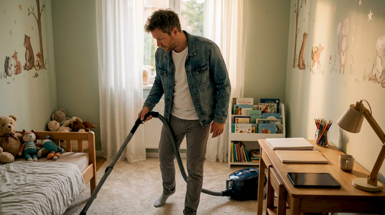 Father vacuuming child's bedroom carpet