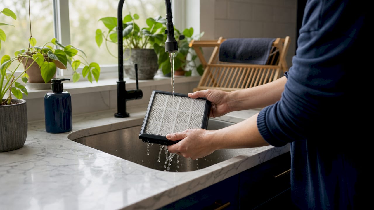 Hands rinsing washable HEPA filter under faucet