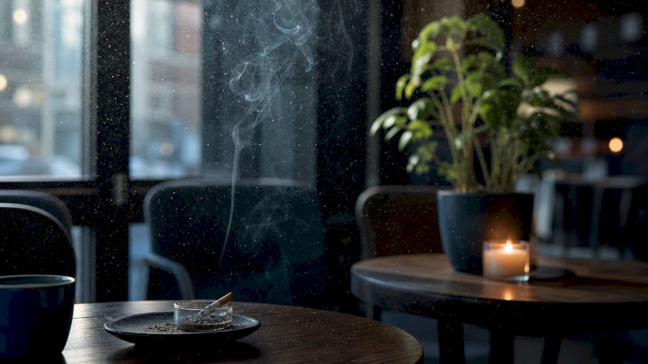 Close-up of fine dust and smoke particles indoors