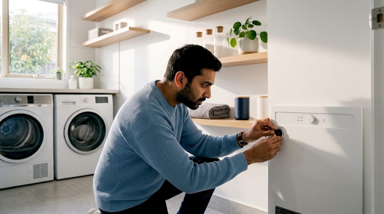 Hands adjusting carbon monoxide detector on gas heater