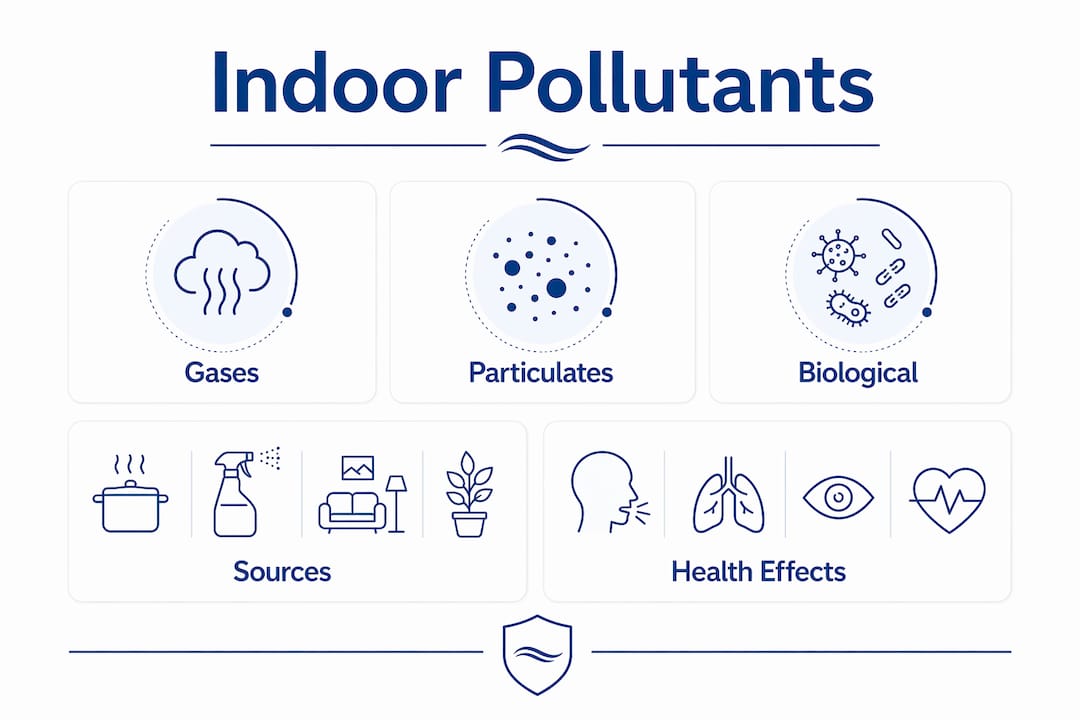 Infographic illustrating indoor pollutant categories and effects