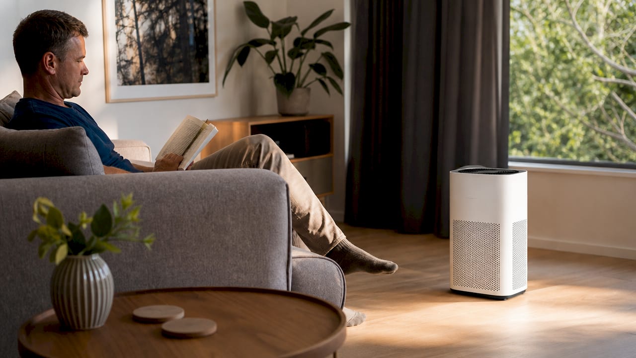 Living room with air purifier near sofa