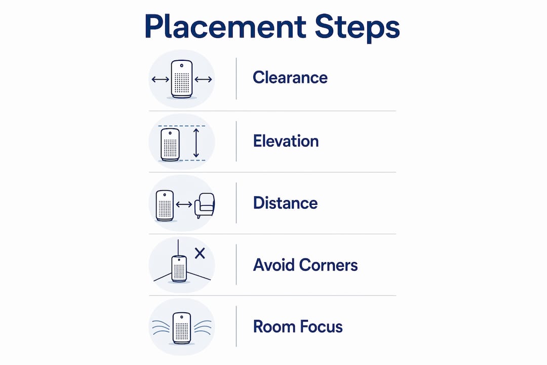 Infographic illustrating key air purifier placement steps
