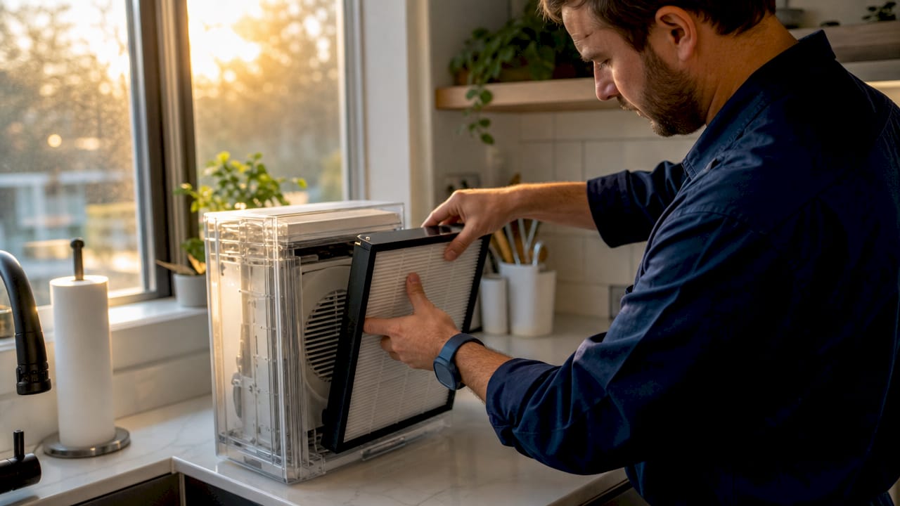 Technician replacing HEPA air filter close-up
