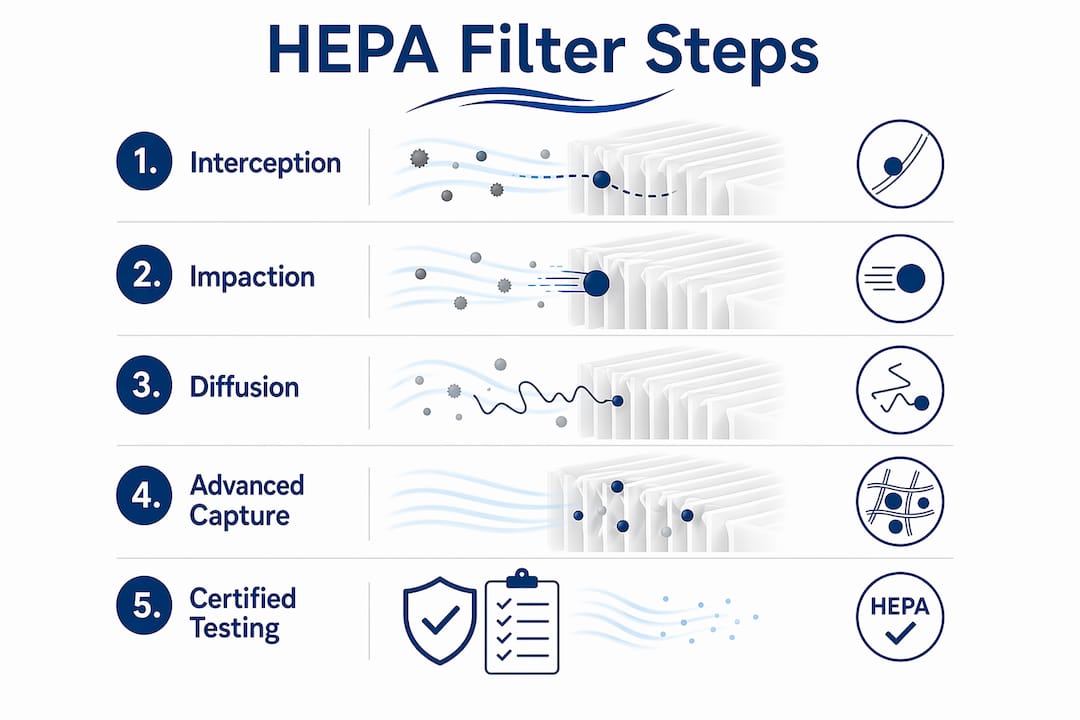 Infographic illustrating HEPA filtration steps