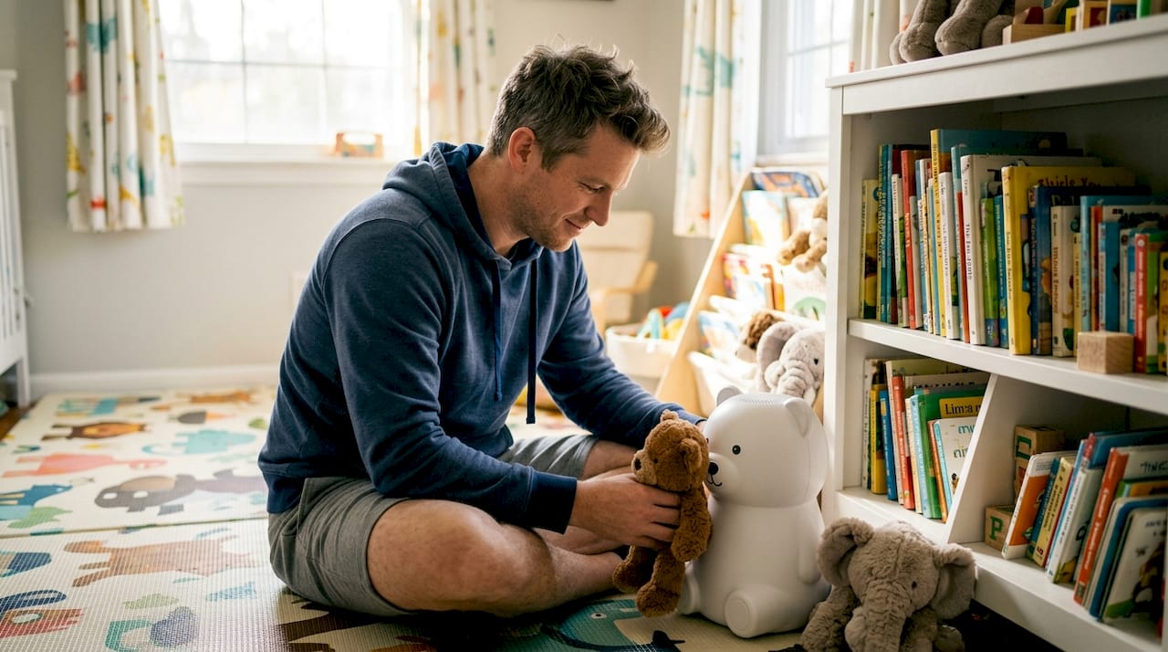 Father examining PureEnrichment Kids Bear air purifier