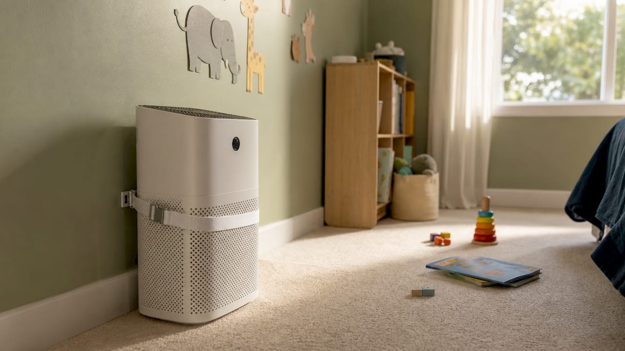 Close-up secured air purifier in nursery corner