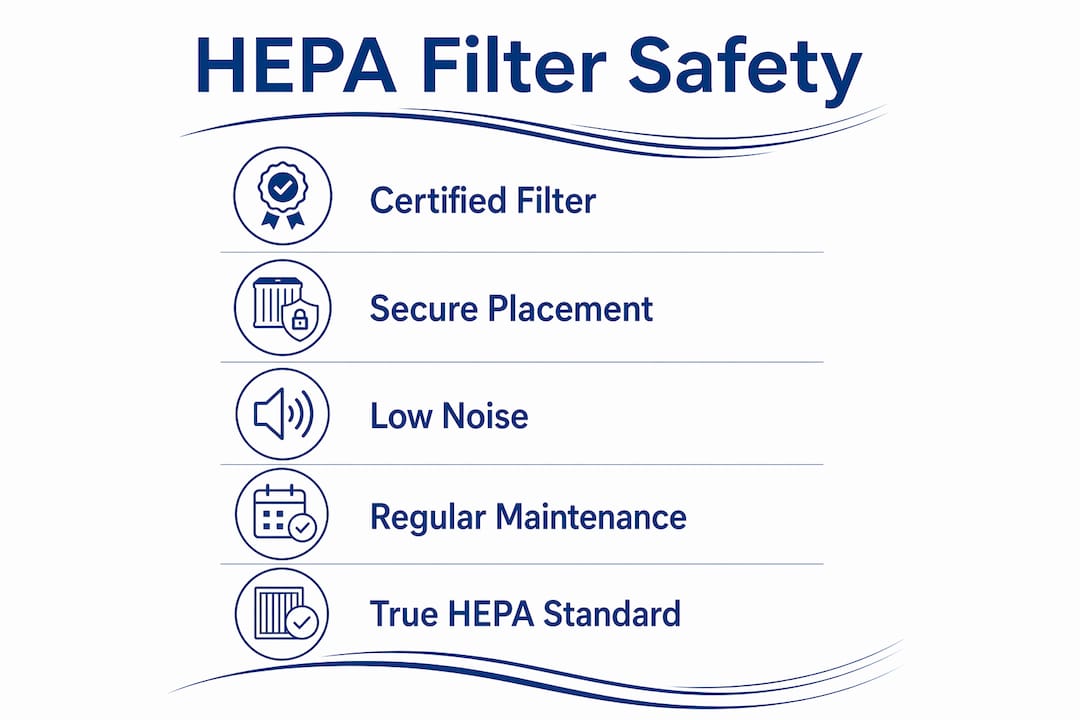 Infographic illustrating key HEPA filter safety features