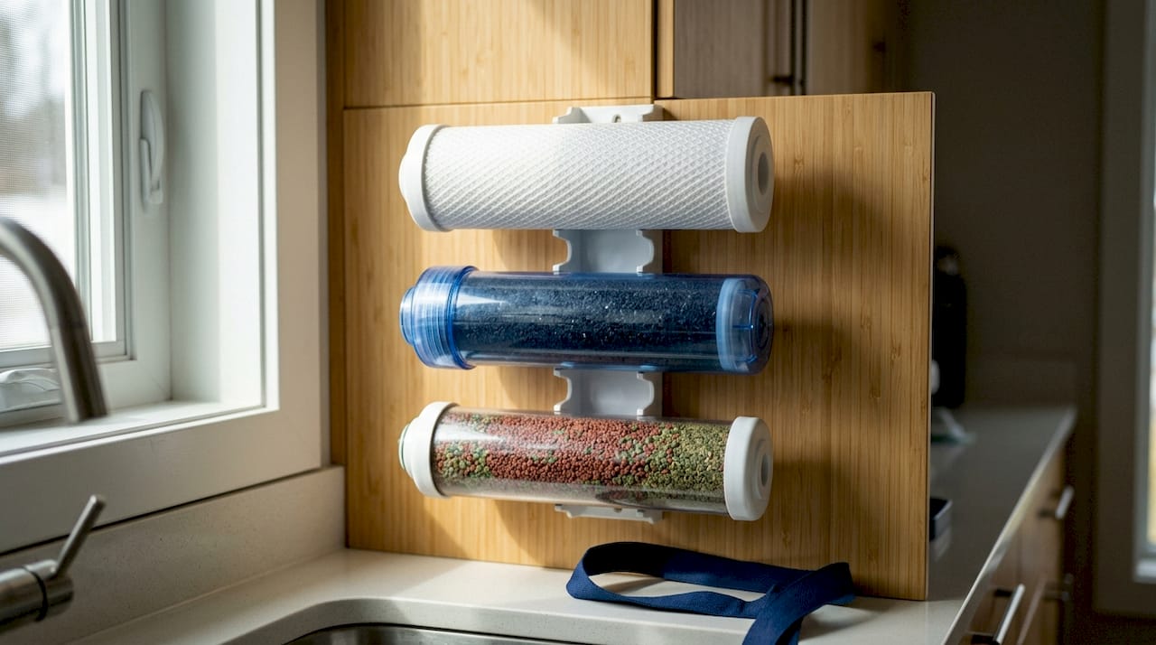Three types of water filtration cartridges on white surface