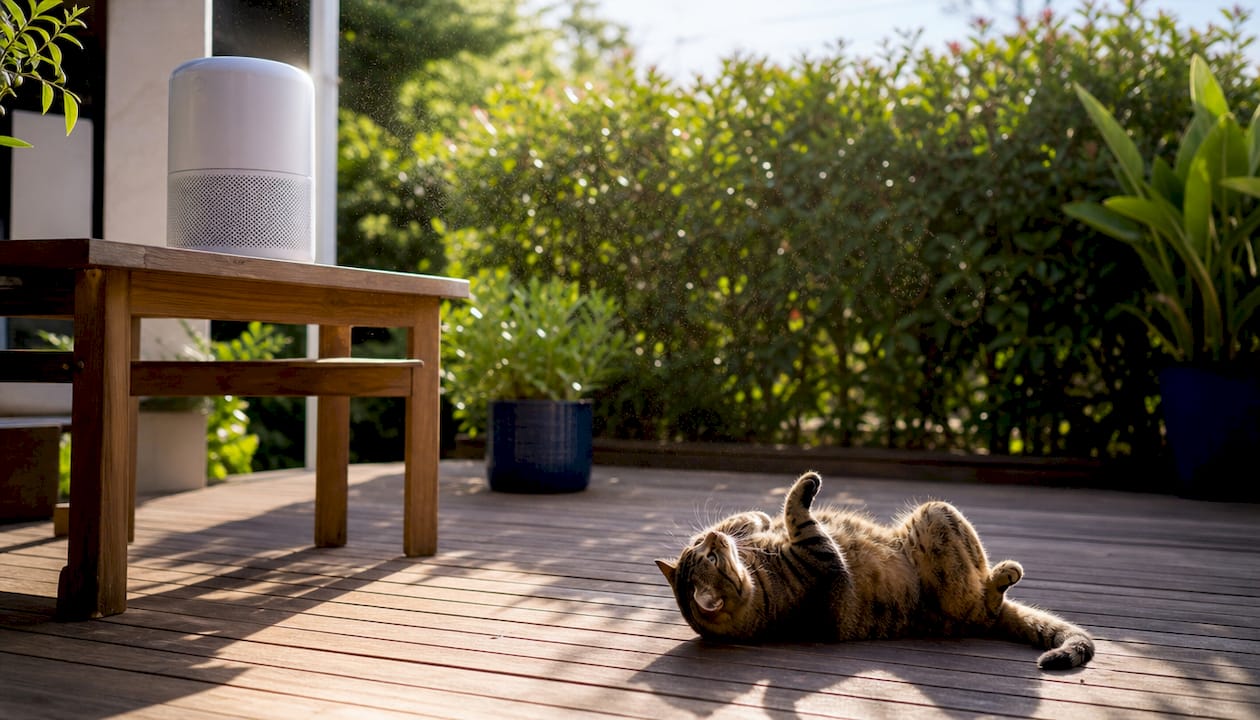 Airborne pet dander particles in living room near cat