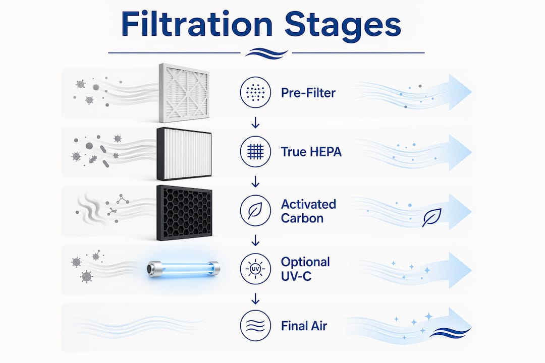 Infographic illustrating air purifier filtration stages