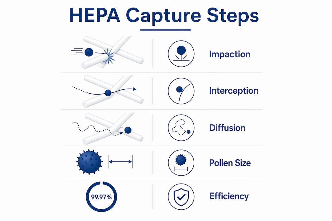 Infographic illustrating HEPA filter pollen capture steps