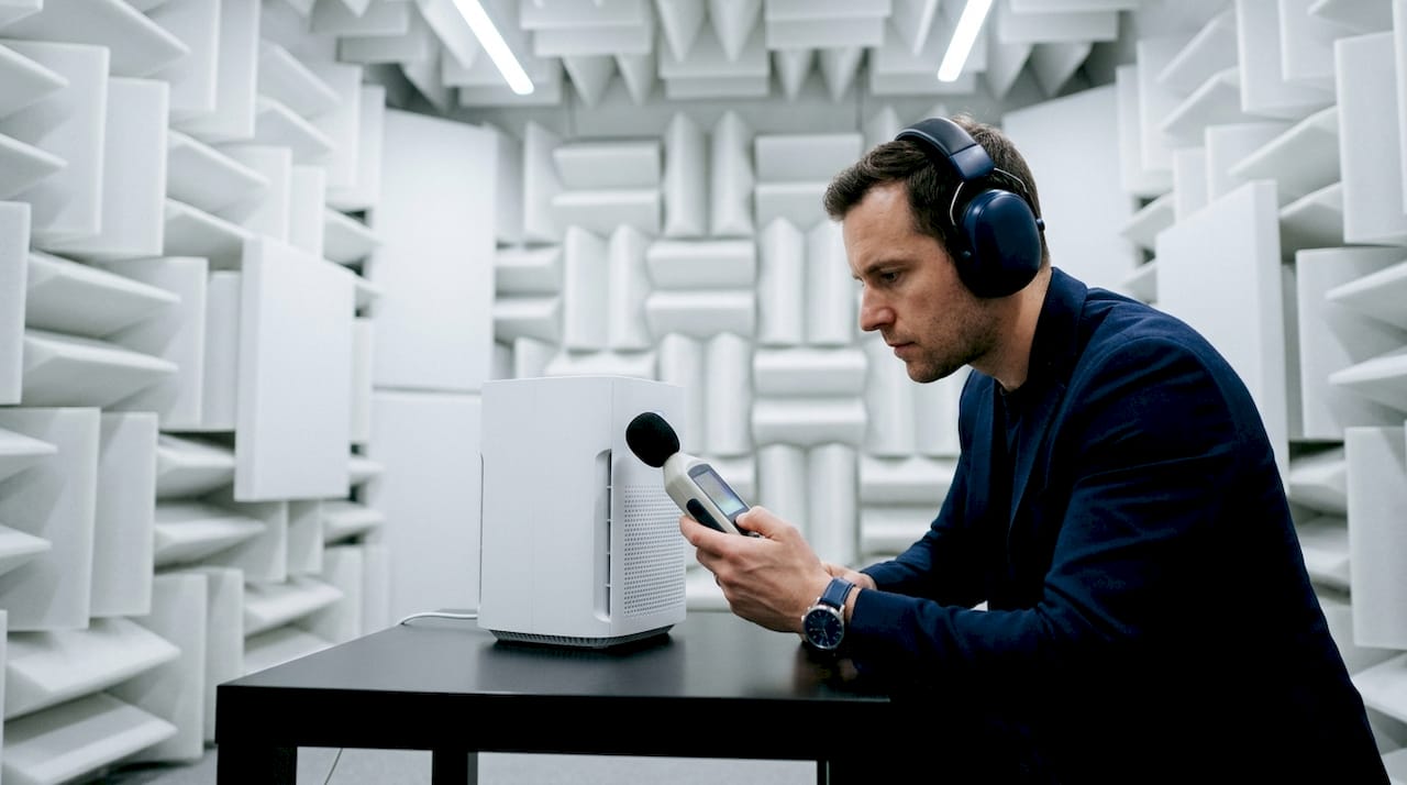 Engineer measuring air purifier noise in chamber