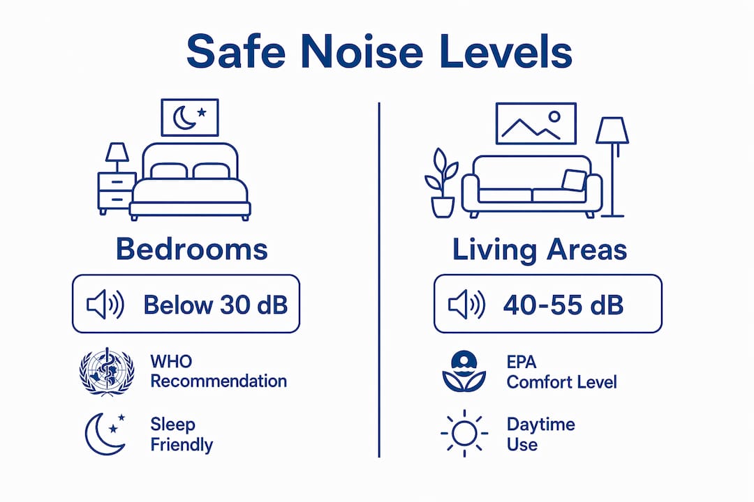 Infographic comparing safe noise levels for bedrooms and living areas