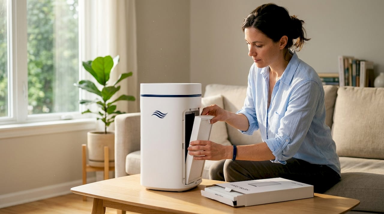 Hands replacing HEPA filter in home purifier