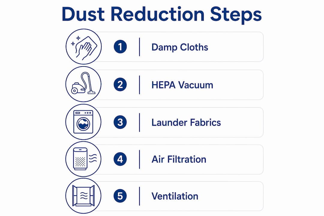 Infographic showing five key steps to reduce indoor dust buildup