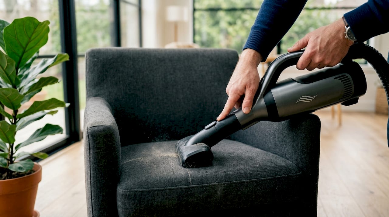 Close-up of hands vacuuming sofa upholstery with HEPA vacuum