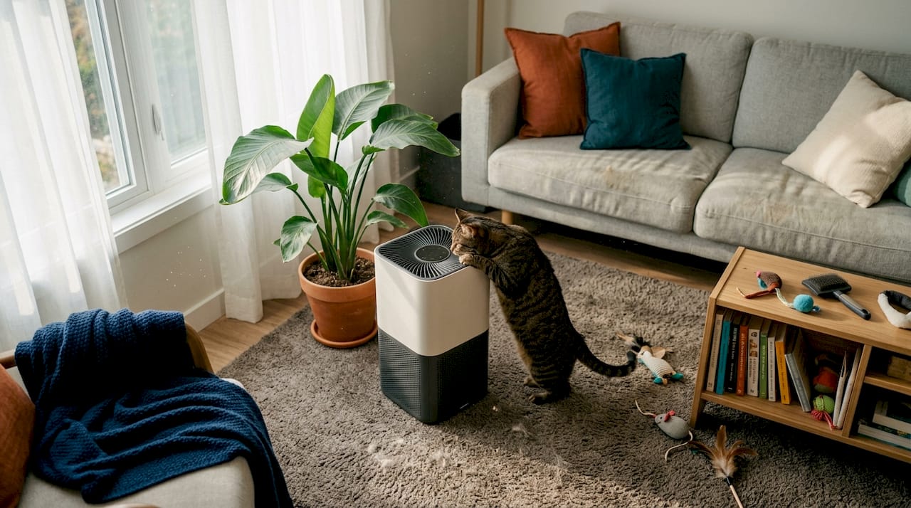 Tabby cat near air purifier on living room floor