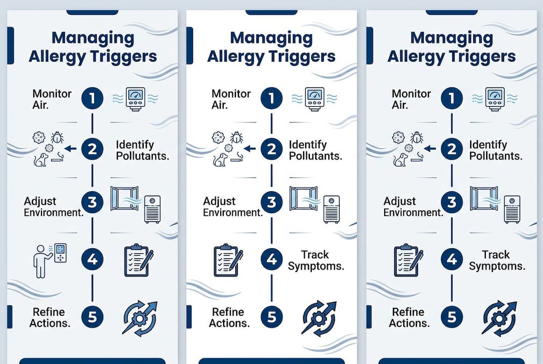 Infographic outlining air quality monitoring steps for allergies