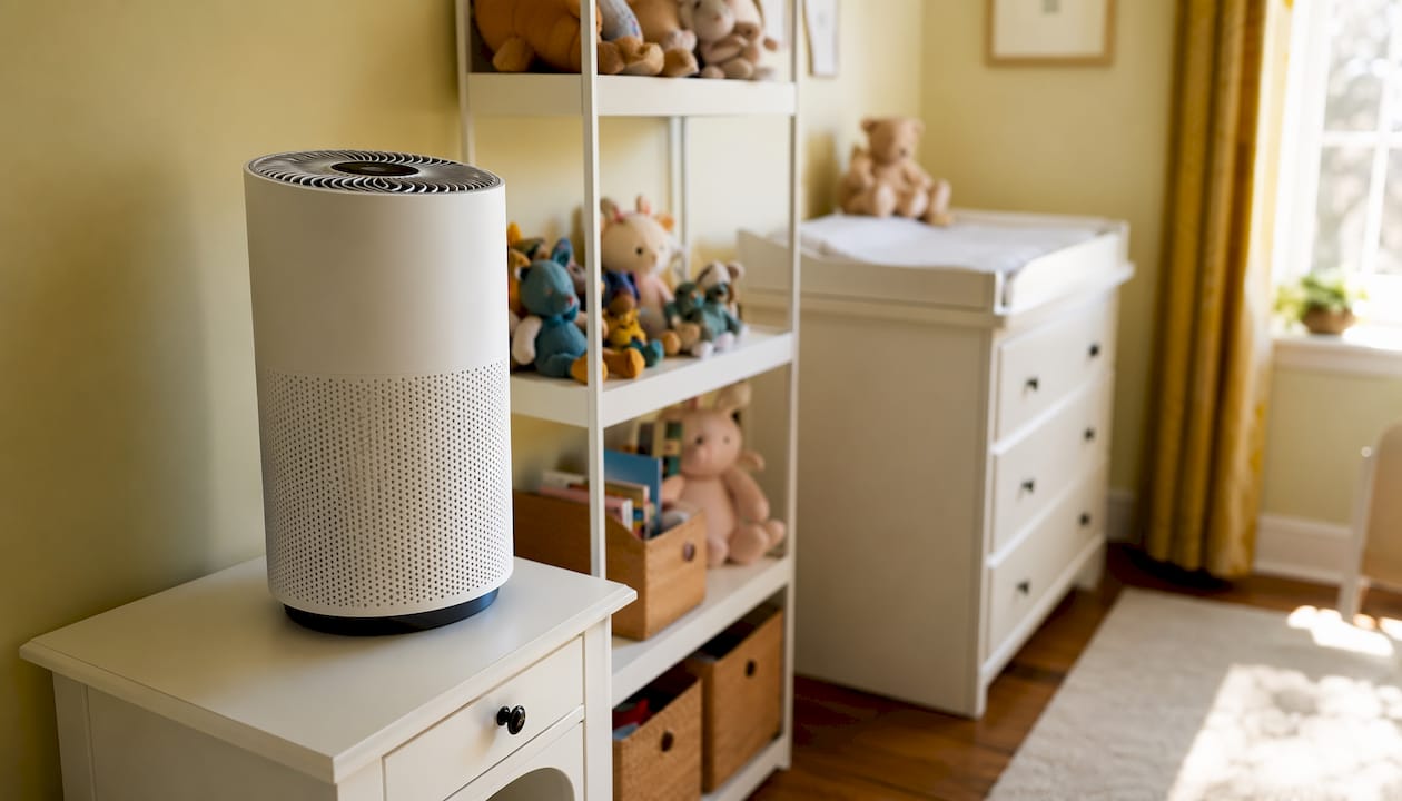 Air purifier on bookshelf near baby crib breathing zone