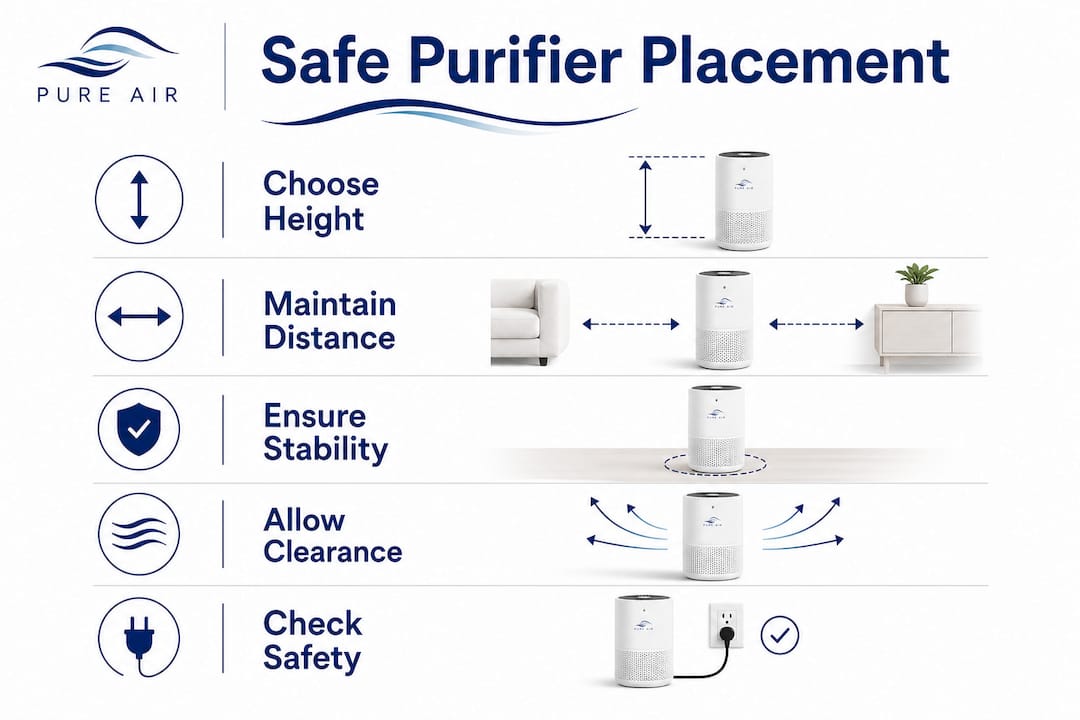 Infographic illustrating steps for safe purifier placement in nursery