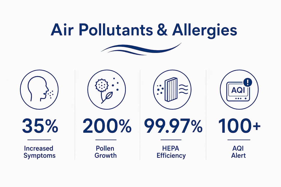 Infographic showing air pollutant impacts on allergy symptoms