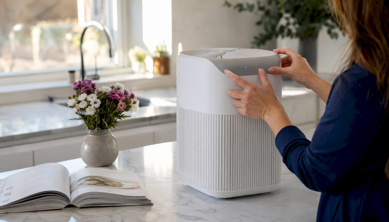 Hands adjusting combined air purifier humidifier