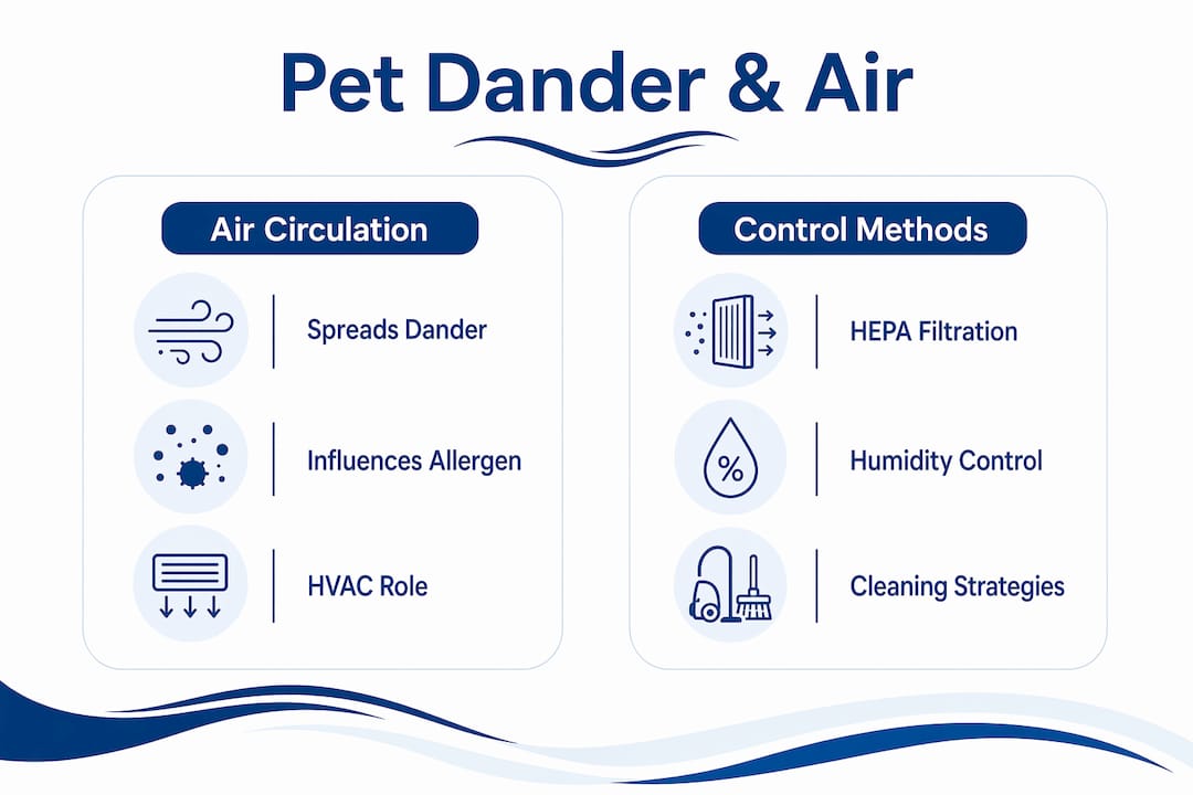 Infographic comparing pet dander spread and control methods