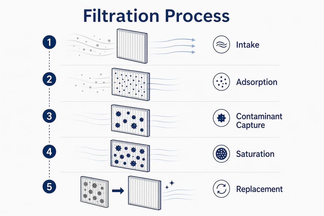 Infographic showing activated carbon filter process steps
