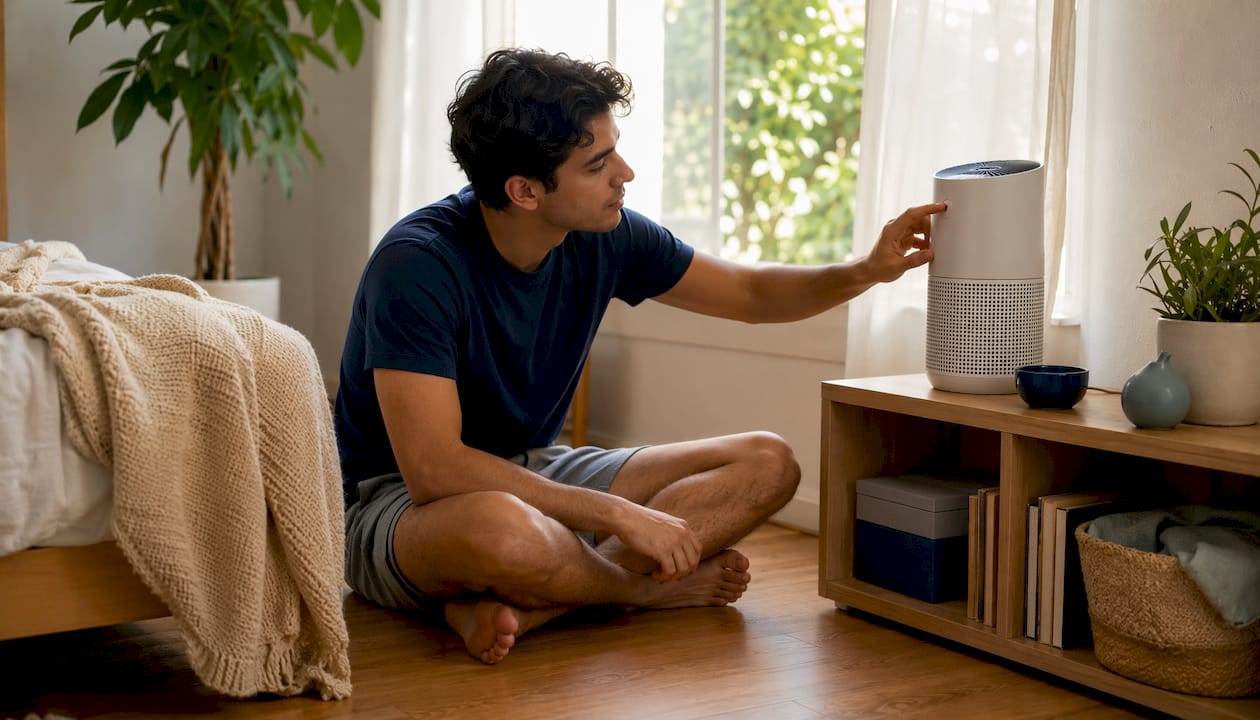 Young man inspecting HEPA air purifier bedroom