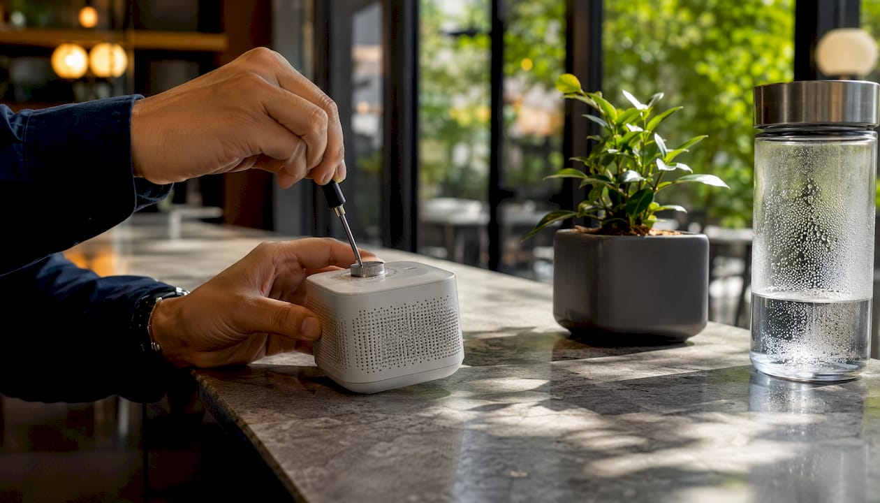 Hands calibrating air quality sensor at home