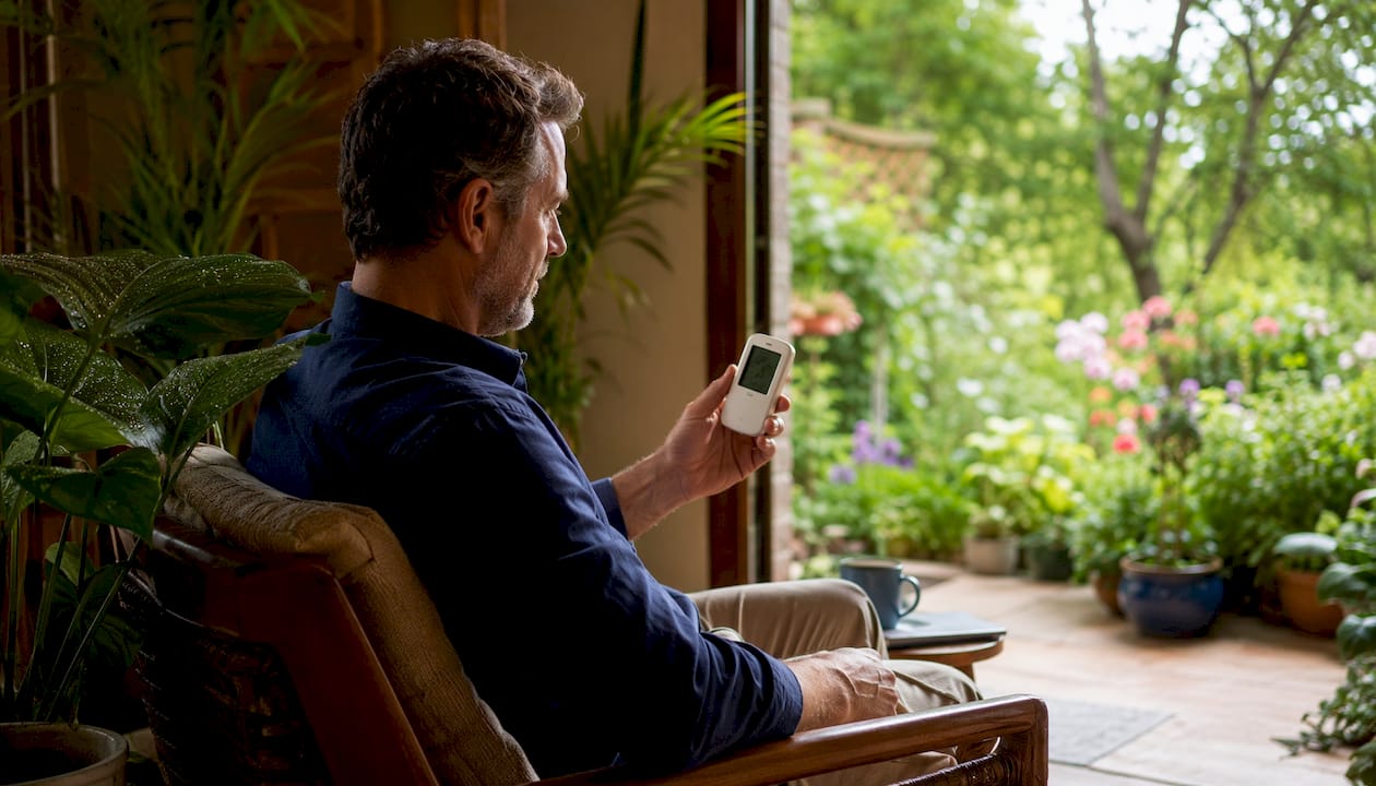 Man monitoring indoor humidity near open patio door