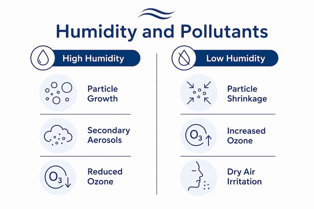 Infographic contrasting high and low humidity pollutant effects