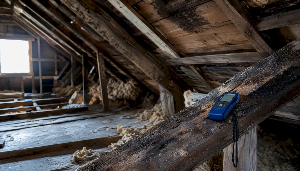 Close-up of moisture-damaged wooden beams in attic