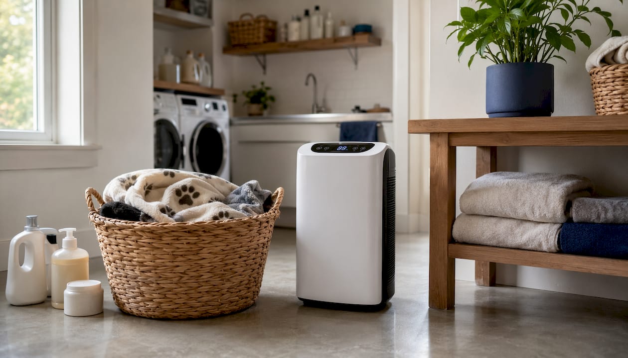 Dehumidifier and pet cleaning supplies in laundry room