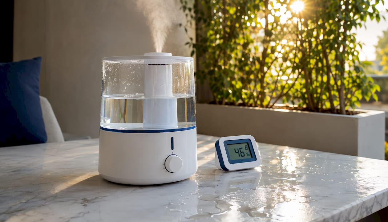 Close-up of ultrasonic humidifier emitting mist