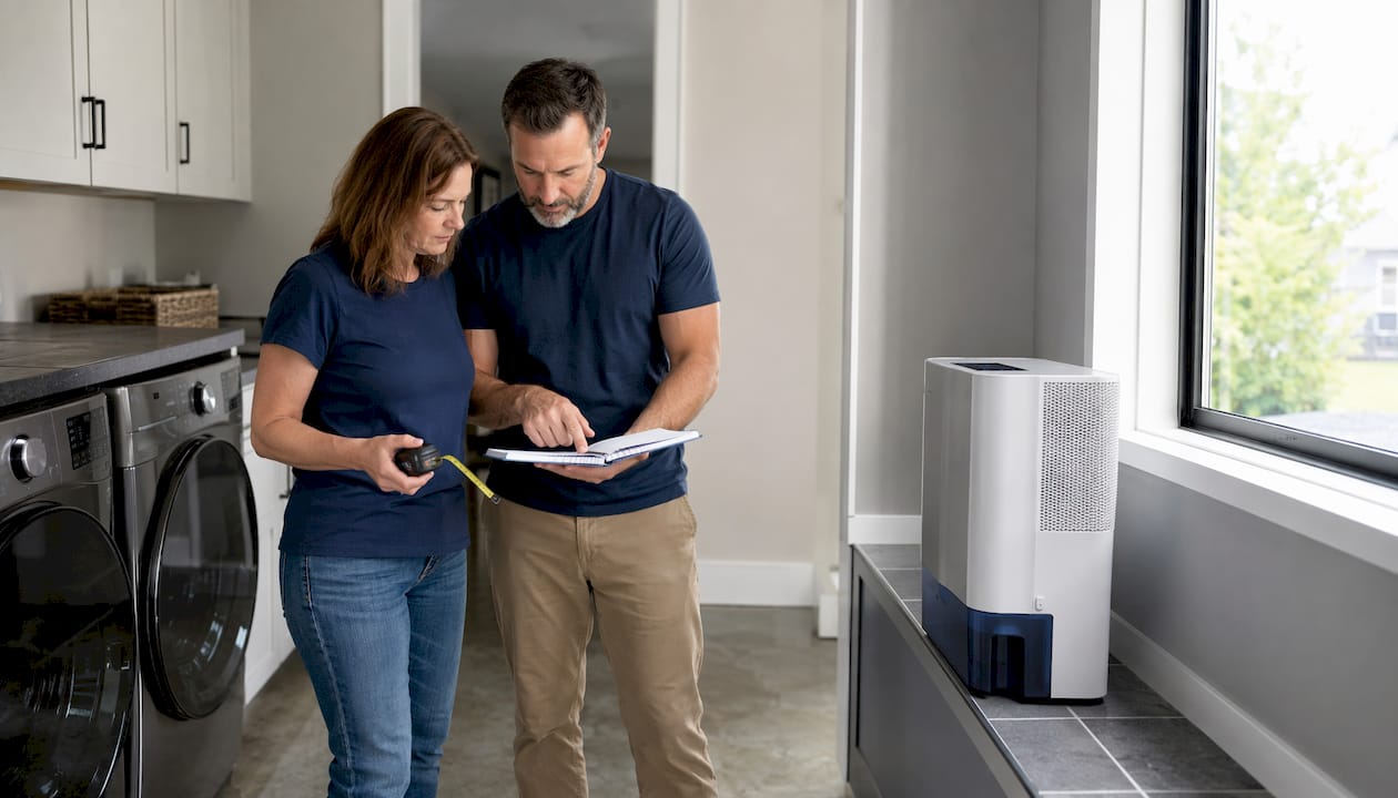 Couple assessing basement humidity with dehumidifier