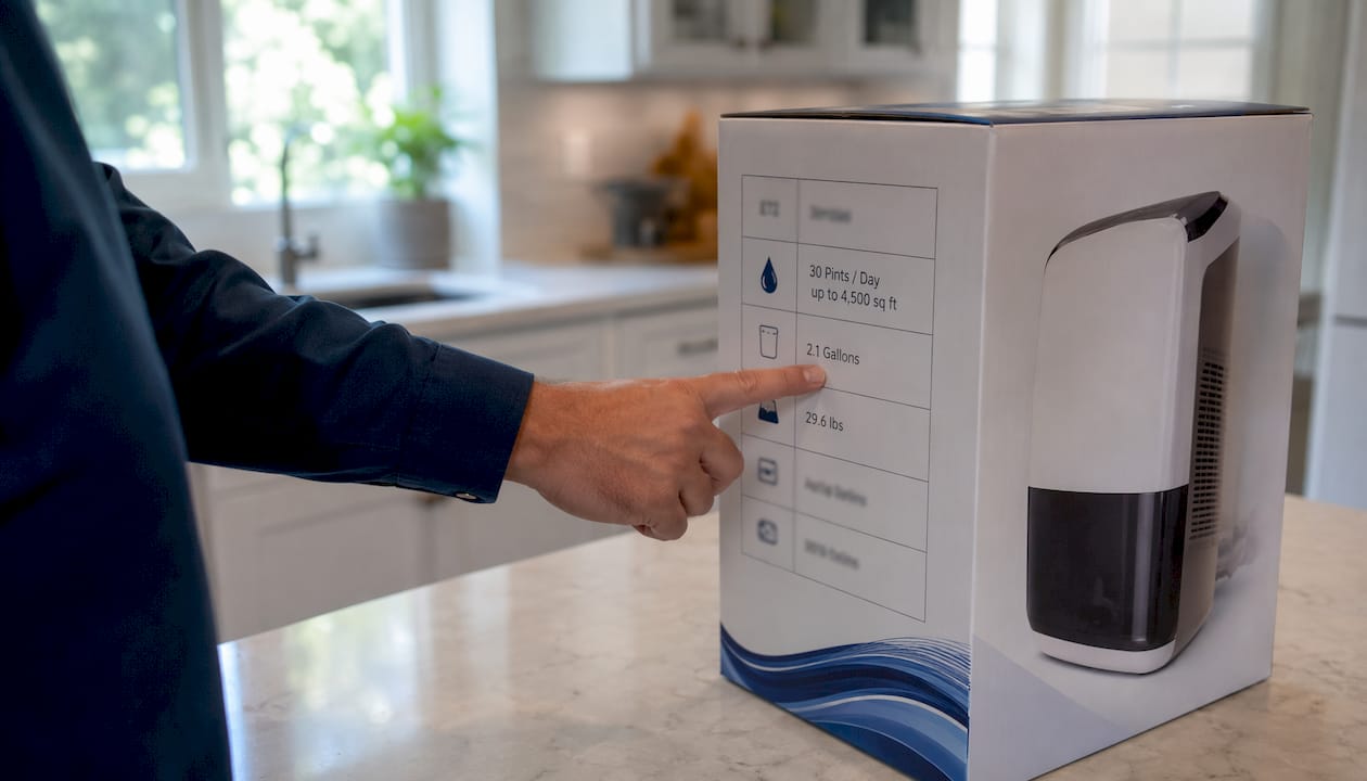 Hand pointing at dehumidifier specs label on box