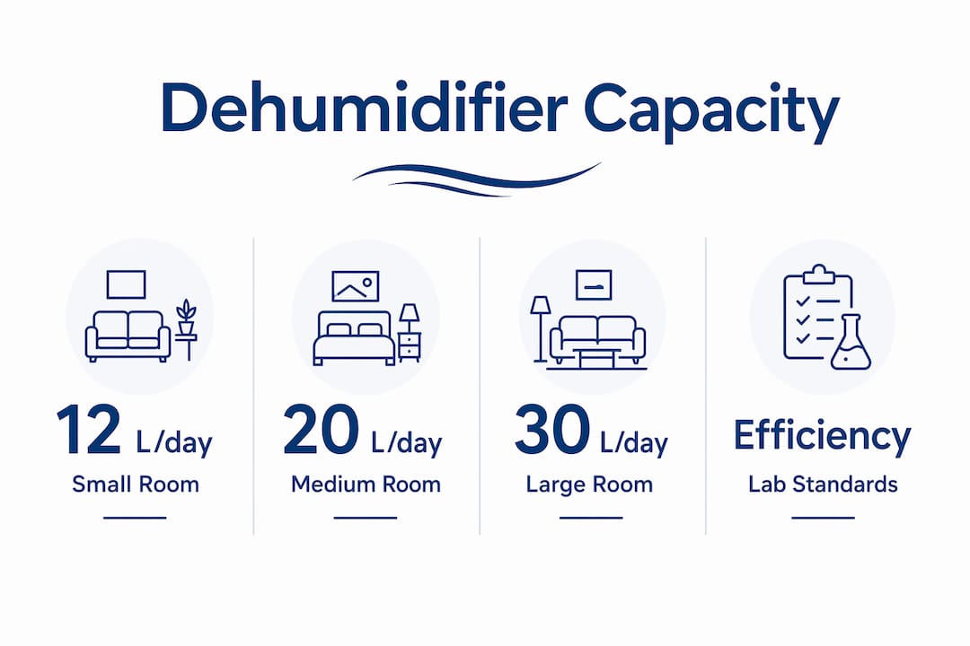 Infographic showing dehumidifier capacity key figures and room sizes