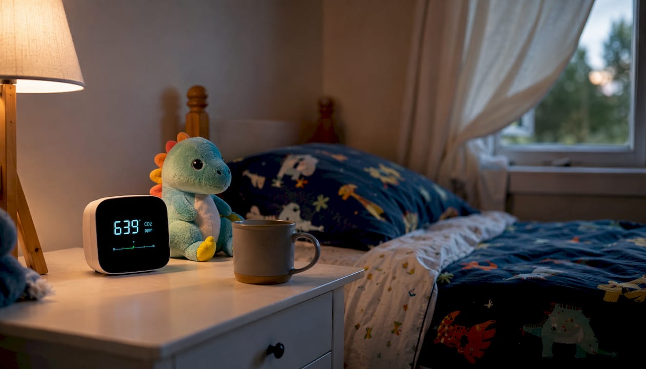 CO2 monitor on toddler bedside table with ventilation